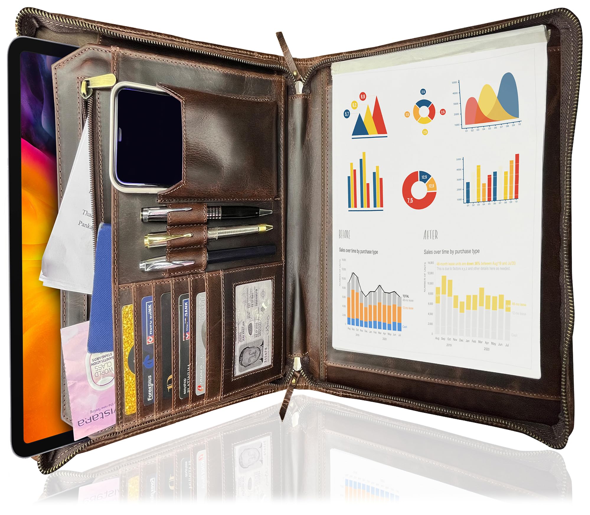 Amazon | レザービジネスiPadジッパーフォルダー多機能会議